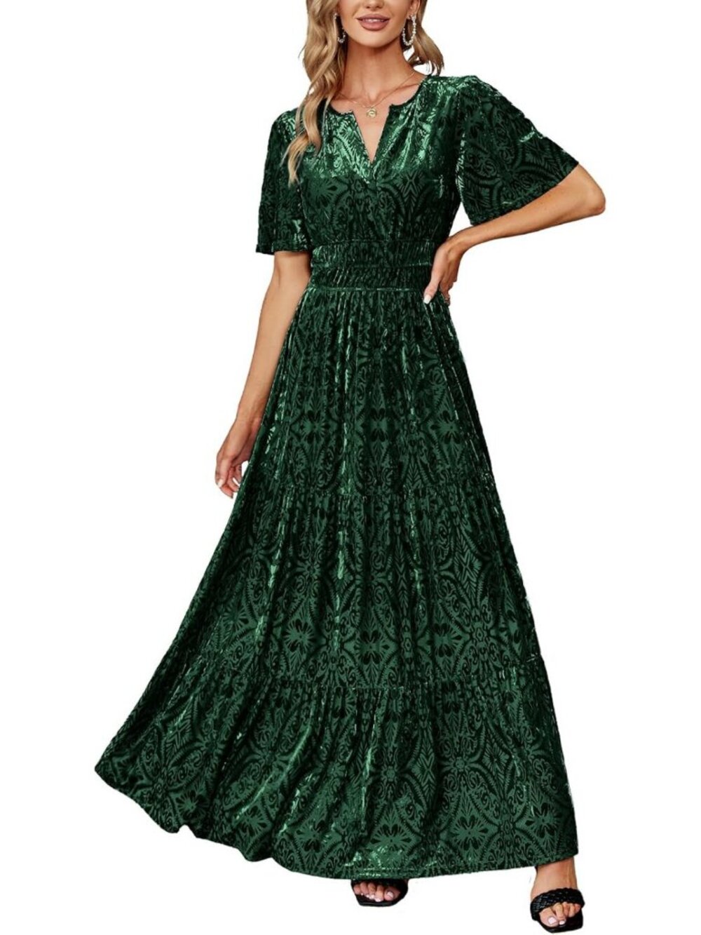 Elegant Women's Short Sleeve V-Neck Maxi Dress for Wedding, Party & Evening